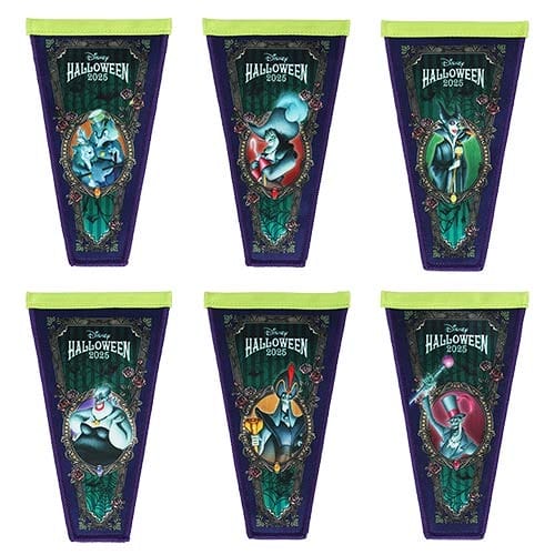 Six Tokyo Disney Resort 2025 Halloween banners with classic villains on ornate, dark backgrounds and vivid green-purple accents.
