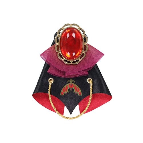 A decorative brooch with a large red gem, black and red ribbon from 2025 Halloween Merchandise at Tokyo Disney Resort.