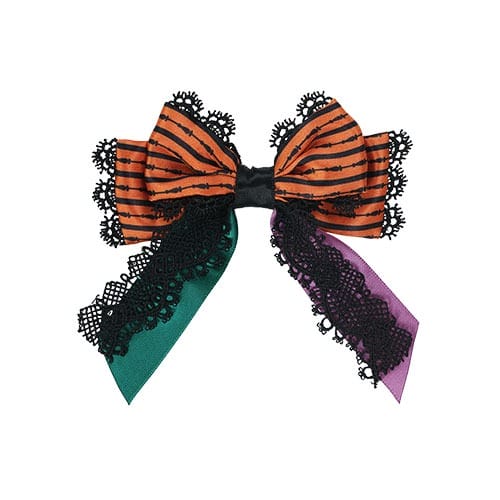 A decorative bow with orange and black stripes, part of the 2025 Halloween merchandise at Tokyo Disney Resort.