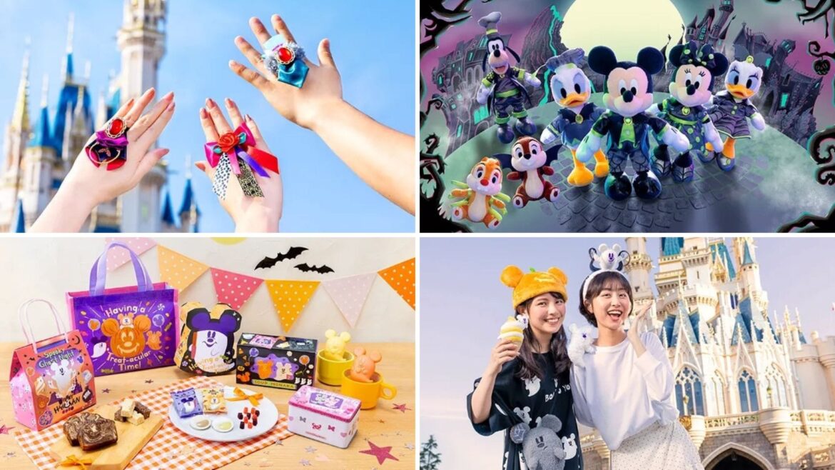 Full List (with Prices) of Tokyo Disney Resort 2025 Halloween Merchandise Four images showcase 2025 Halloween Merchandise, toys, and treats at Tokyo Disney Resort with guests in festive costumes.