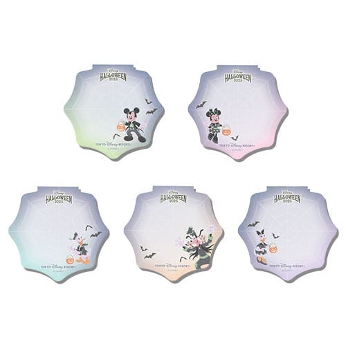 Five Halloween-themed shell note pads from Tokyo Disney Resort featuring Mickey, Minnie, bats; 2025 Halloween merchandise.