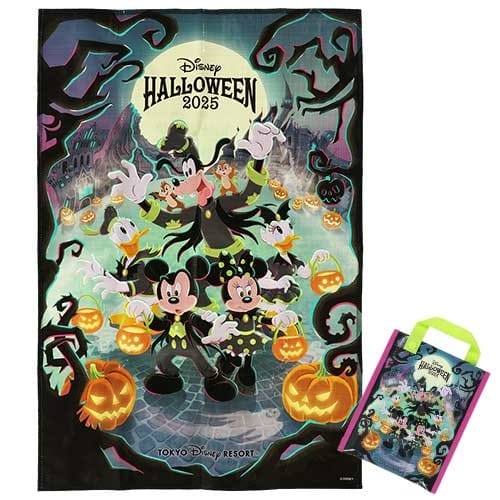 Colorful poster of Disney characters in 2025 Halloween costumes, pumpkins, and "Disney Halloween 2025" at Tokyo Disney Resort.