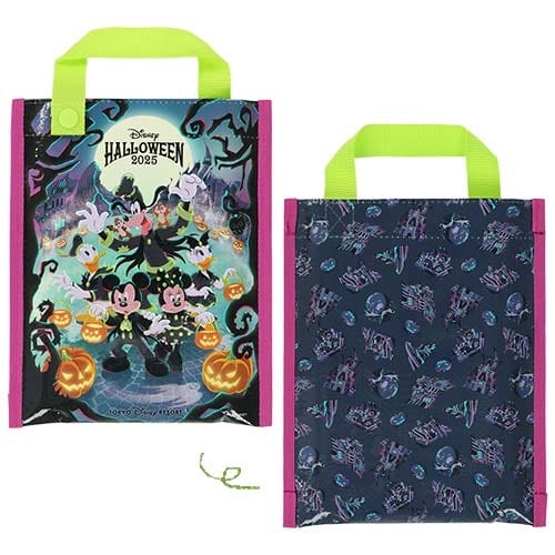 Two 2025 Halloween Merchandise tote bags from Tokyo Disney Resort with neon handles, Mickey, friends, and spooky designs.