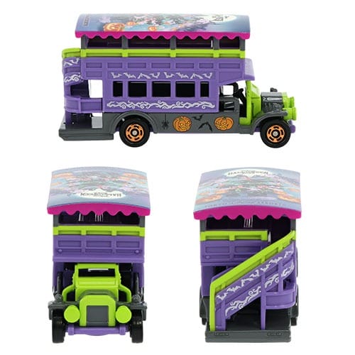 Toy bus with purple, green, and black 2025 Halloween Merchandise from Tokyo Disney Resort shown from side, front, and rear angles.