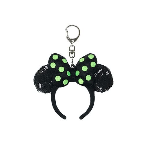 Keychain with black sequin mouse ears and a green polka-dot bow from Tokyo Disney Resort.