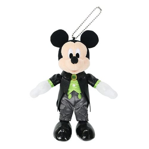 Plush toy of Mickey Mouse in a black tuxedo with green accents, part of Tokyo Disney Resort 2025 Halloween merchandise.