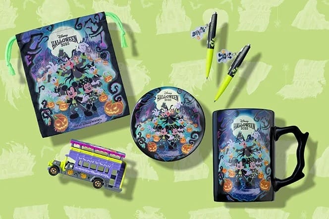 Disney 2025 Halloween merchandise, including a mug, pouch, and tin from Tokyo Disney Resort, on a light green background.