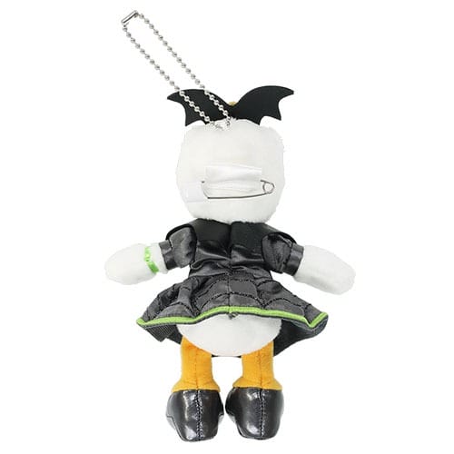Plush keychain of a duck in a black dress, part of Tokyo Disney Resort 2025 Halloween Merchandise.