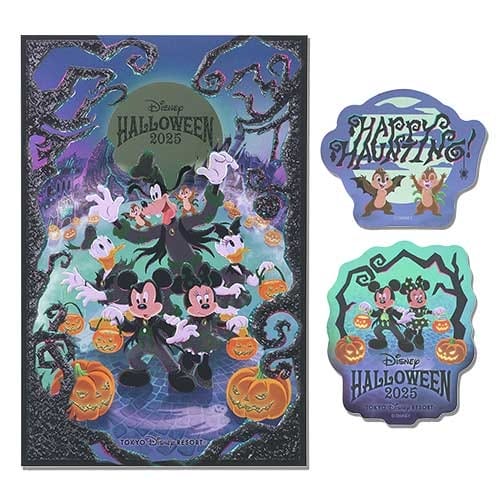 2025 Halloween Tokyo Disney Resort merchandise featuring Mickey, Minnie, Chip, and Dale with pumpkins and spooky décor.