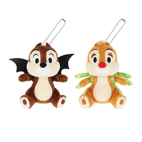 Two plush chipmunk keychains from the 2025 Halloween Merchandise at Tokyo Disney Resort, sitting side by side.