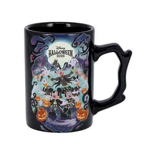 Black Disney Halloween 2025 mug from Tokyo Disney Resort with Mickey, friends in costumes, pumpkins, and a bone-shaped handle.