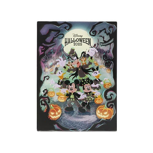 Disney Halloween 2025 poster features Mickey and friends in costumes, highlighting 2025 Halloween merchandise at Tokyo Disney Resort.