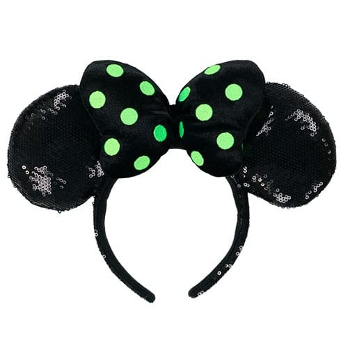 Black sequined mouse ears headband with a large black bow, part of Tokyo Disney Resort Halloween merchandise 2025.