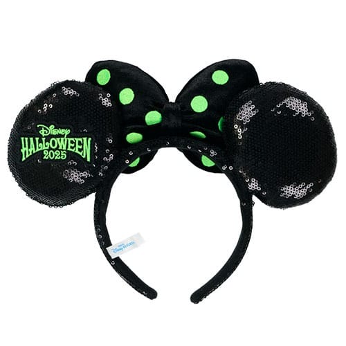 Black sequined Minnie ears headband, part of Tokyo Disney Resort 2025 Halloween Merchandise, with green polka dots.