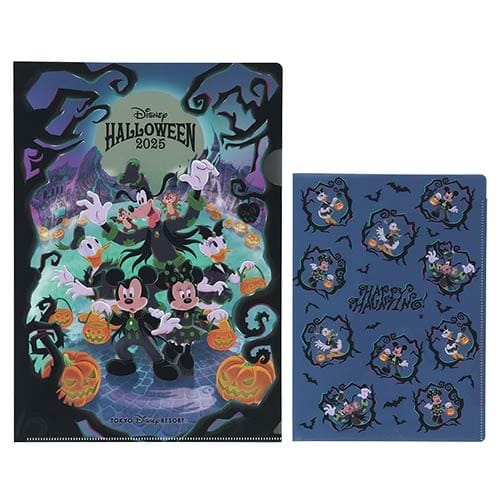 Disney Halloween 2023 folder set from Tokyo Disney Resort, with characters in spooky costumes and themed sticker sheet.