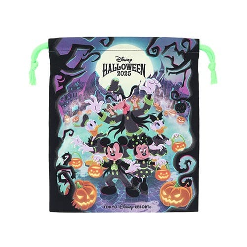 Drawstring bag from Tokyo Disney Resort featuring Disney characters in Halloween costumes and "Disney Halloween 2025" text.