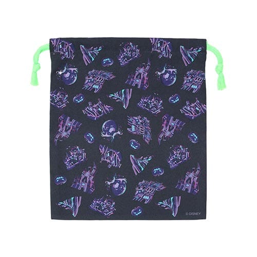Black drawstring bag with neon green cords, from Tokyo Disney Resort 2025 Halloween Merchandise, with ghostly designs.