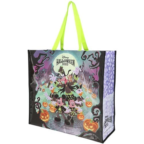 Disney Halloween 2025 tote bag from Tokyo Disney Resort with Mickey, Minnie, pumpkins, and spooky decorations.