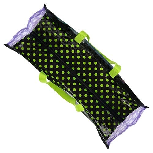 Black rectangular bag with green polka dots, Tokyo Disney Resort 2025 Halloween Merchandise, viewed from above.