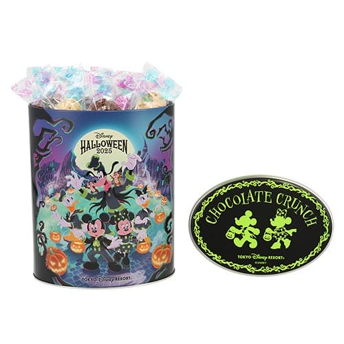 A colorful Tokyo Disney Resort Halloween 2025 tin with Mickey and friends, filled with candies, beside a "Chocolate Crunch" lid.