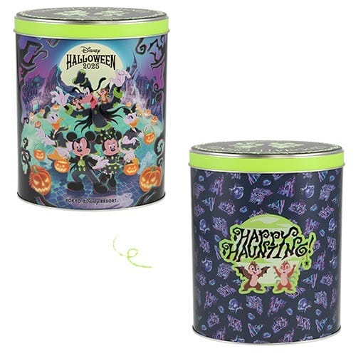 Two 2025 Halloween merchandise tins from Tokyo Disney Resort with Disney characters, pumpkins, and neon green lids.