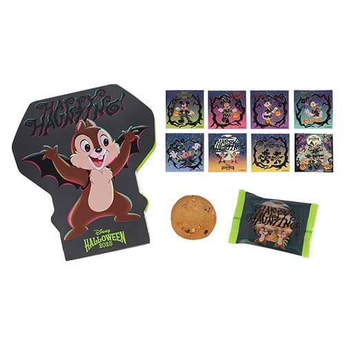 Halloween-themed Tokyo Disney Resort set with a Chipmunk card, festive cookie, and 2025 Halloween Merchandise packaging.