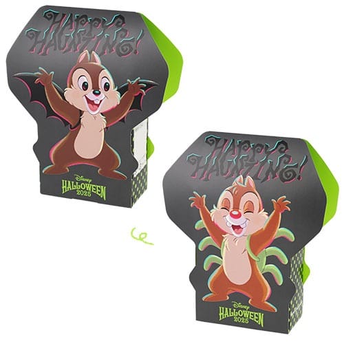 Two Tokyo Disney Resort Halloween Merchandise boxes for 2023 with Chip and Dale in bat and monster costumes.