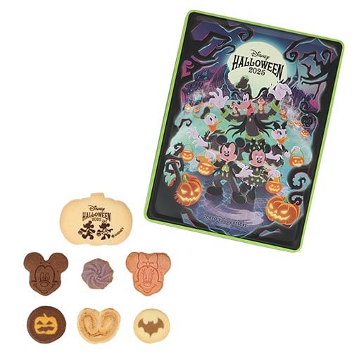 A Halloween-themed Tokyo Disney Resort tin with assorted character cookies, featuring Mickey, Minnie, and pumpkins on the cover.