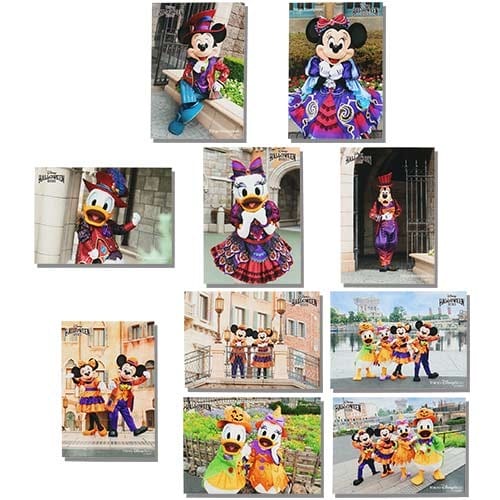 Disney characters in colorful Halloween costumes pose at the park, showcasing 2025 Tokyo Disney Resort Halloween merchandise.