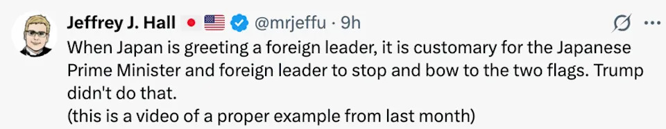 Tweet about a customary bowing ceremony in Japan for foreign leaders, noting Trump did not follow this tradition