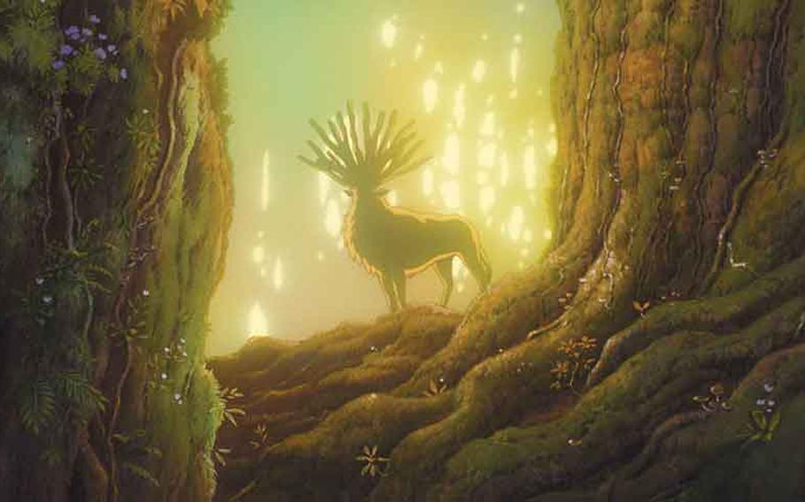 A deer stands beside a tree.