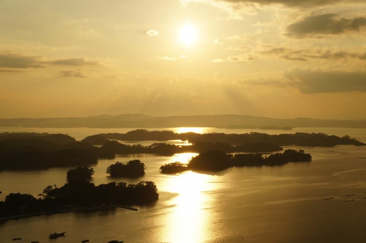 Sunset over the scattered pine-covered islands of Matsushima Bay