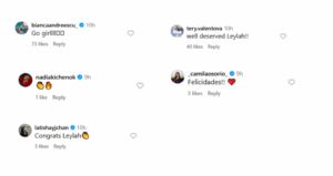 Screenshot of Leylah Fernandez' Instagram post featuring players' comments | Source: IG/leylahannietennis