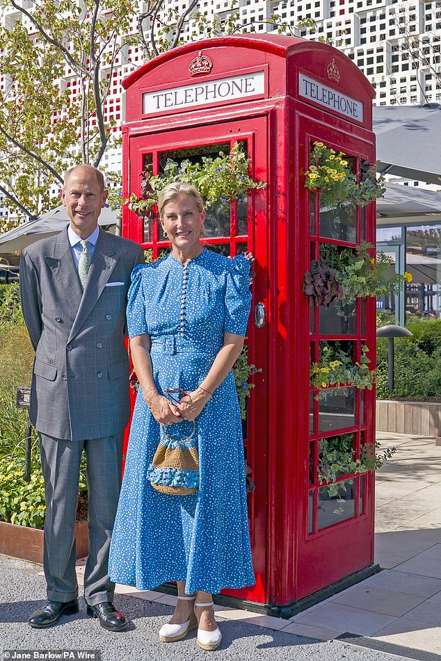 Prince Edward and Duchess Sophie could not resist posing outside of a red London telephone box, which was identical to those found in the capital city