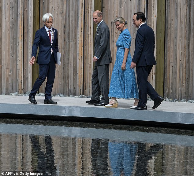 Prince Edward and his wife were then shown a water reflecting pool while touring the Japan Pavilion