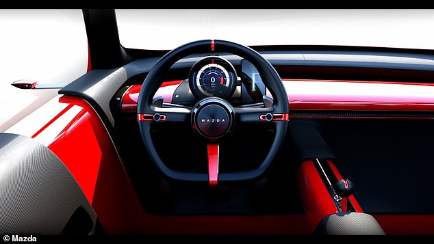 The interior has a three-spoke steering wheel, a physical drive selector made to look like a manual gearstick and a simple digital driver's display