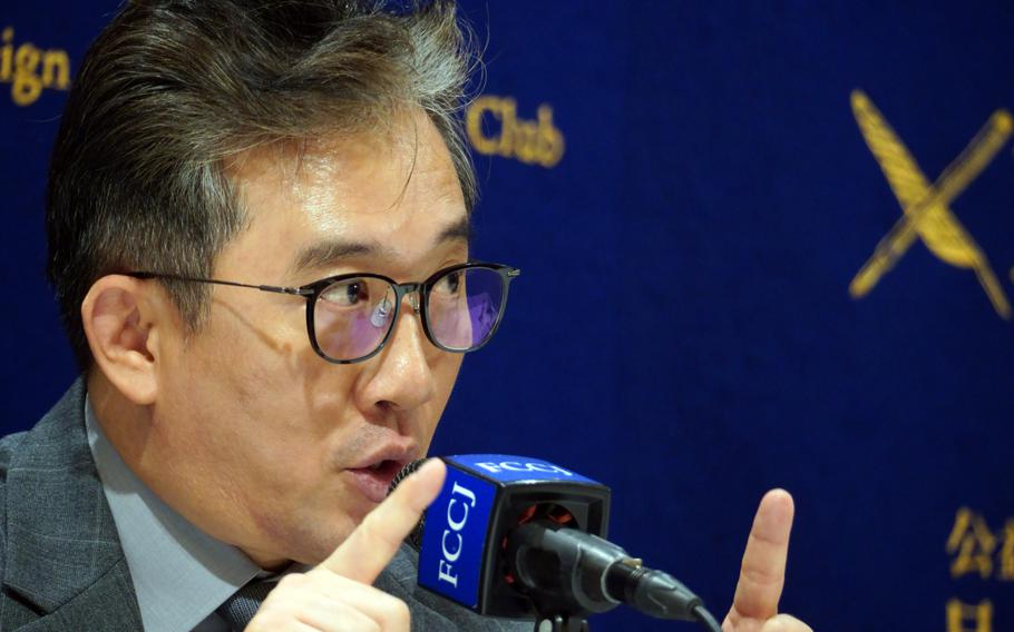 Ri Il Kyu, a former senior North Korean diplomat who defected to South Korea, speaks to reporters at Foreign Correspondents' Club of Japan in Tokyo, Oct. 9, 2025.