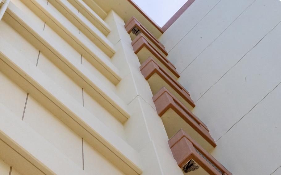 Spalling concrete is pictured on housing tower 1088 at Camp Kinser, Okinawa, Aug. 20, 2025.