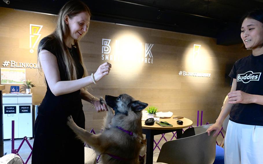 Two women smile as one feeds a treat to a dog.