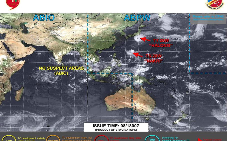 U.S. bases on Okinawa entered TCCOR 3 at 9:48 a.m. Thursday. High winds, rain forecast Saturday for the island.