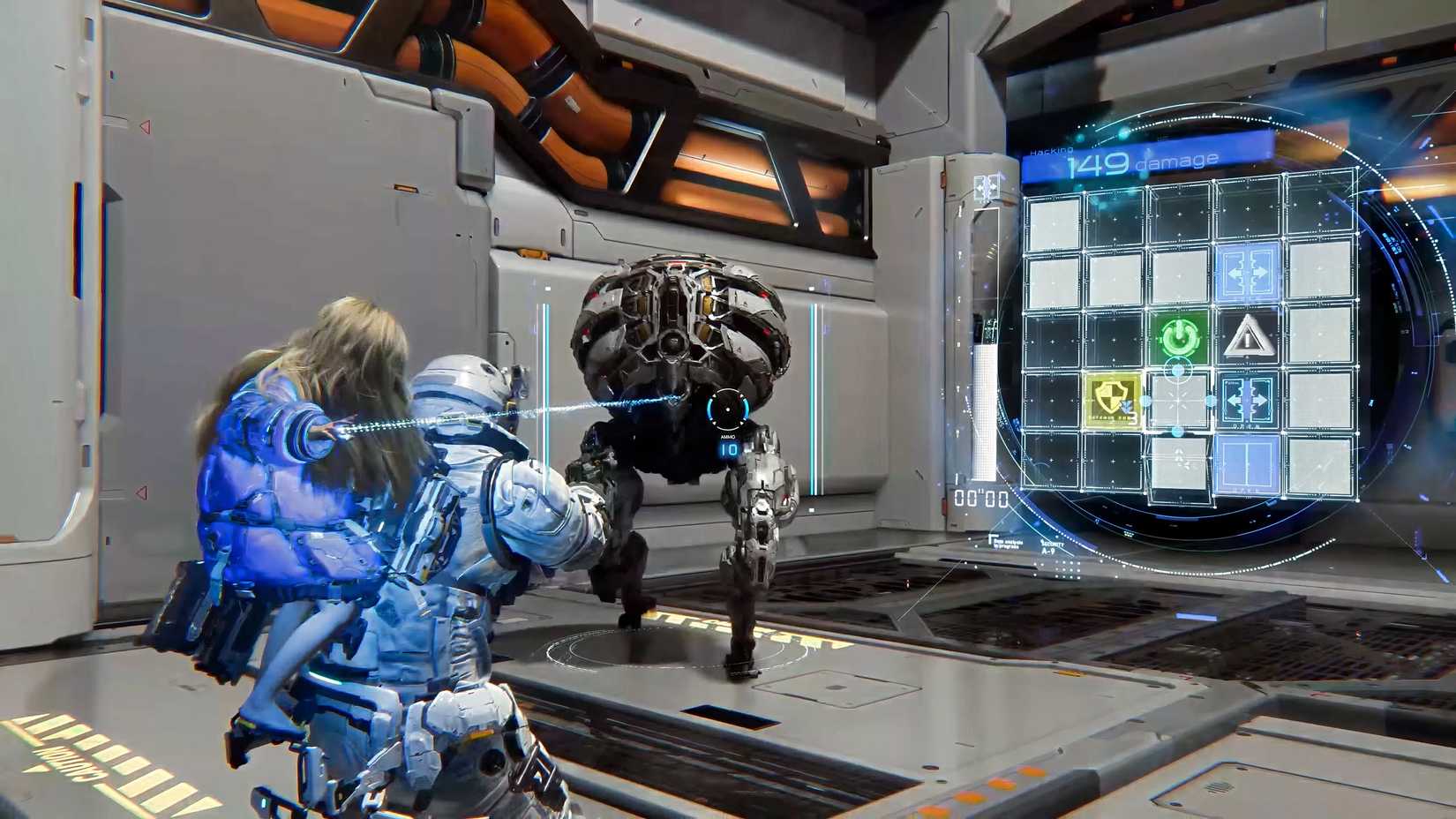 a pragmata combat scene featuring hacking and shooting.