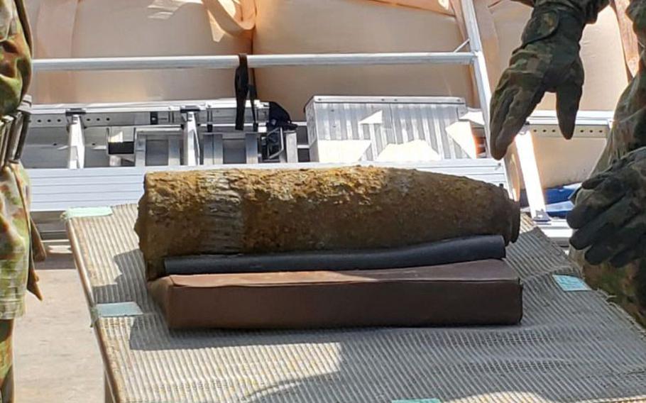 The Japan Ground Self-Defense Force defused this U.S.-made 5-inch shell after removing it from a construction site in Tomigusuku city, Okinawa, Oct. 14, 2025.