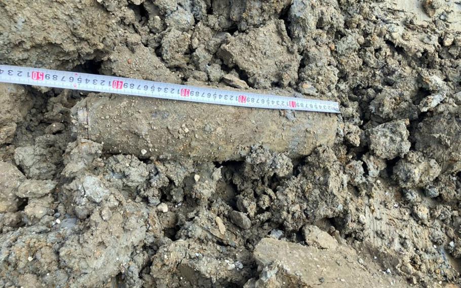 The Japan Ground Self-Defense Force defused this U.S.-made 5-inch shell after removing it from a construction site in Tomigusuku city, Okinawa, Oct. 14, 2025.