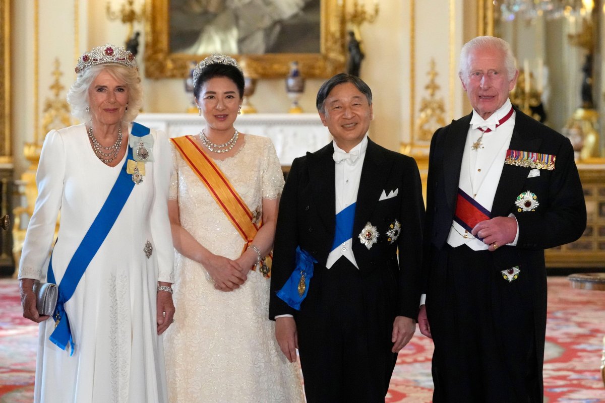 The King and Queen of the United Kingdom pose with the Emperor and Empress of Japan ahead of a state banquet at Buckingham Palace in London on June 25, 2024 (Kirsty Wigglesworth/PA Images/Alamy)