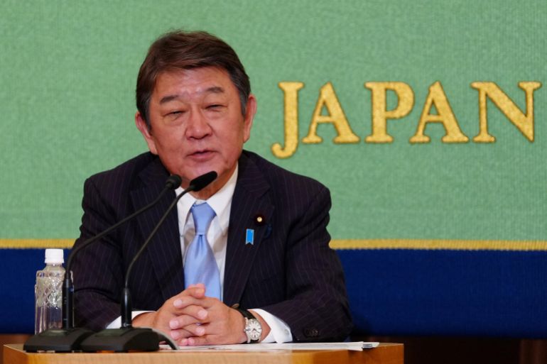 Former LDP Secretary-General Toshimitsu Motegi speaks during the Liberal Democratic Party (LDP) Presidential Election Candidate Debate at Japan National Press Club in Tokyo, Japan, on Sept. 24, 2025. [Jia Haocheng/Pool via REUTERS]
