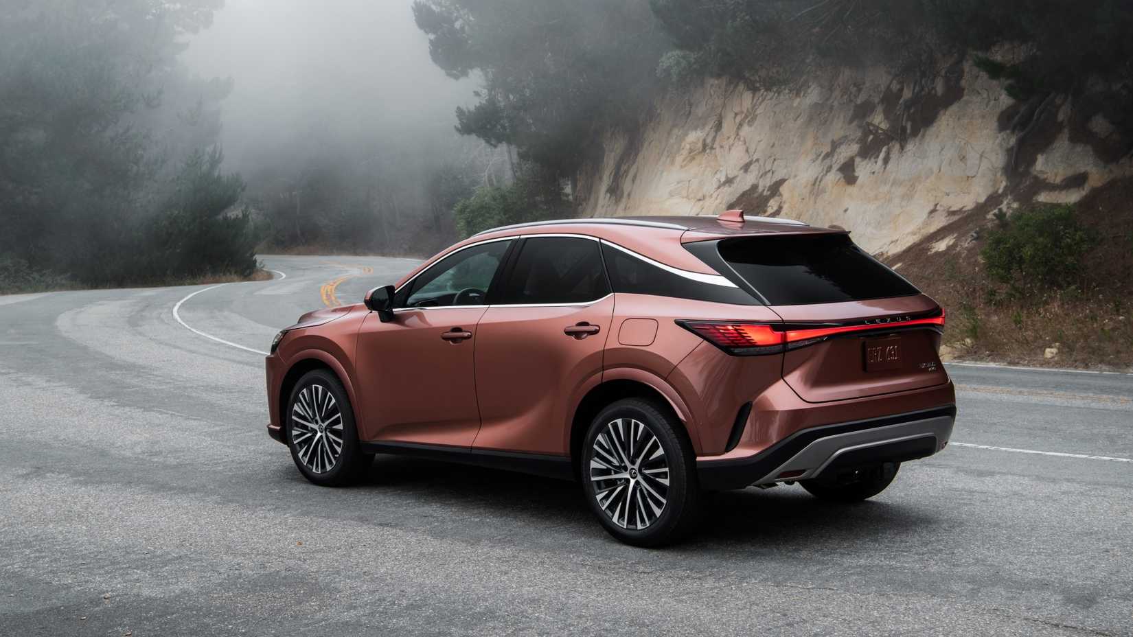 Static rear 3/4 shot of a bronze 2025 Lexus RX.