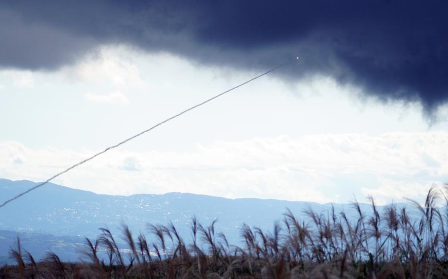 Marines launch a HIMARS rocket at a training center in Japan.