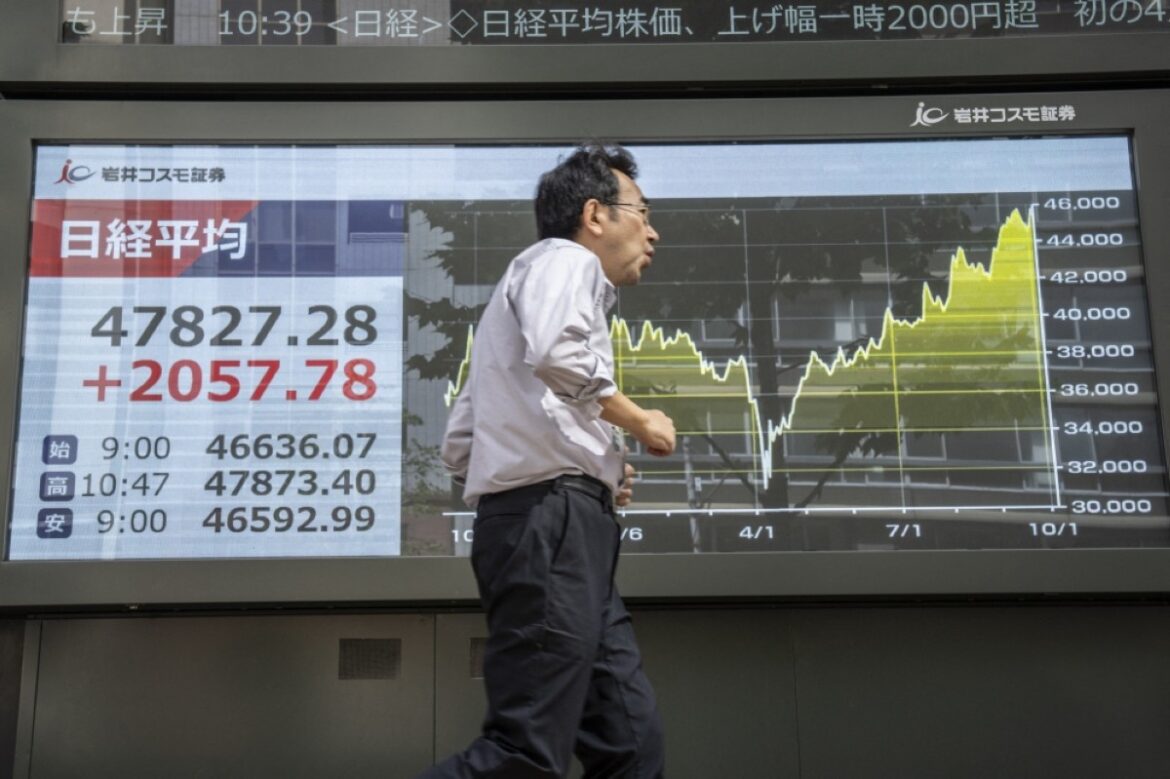 TOKYO: A man walks past an electronic board displaying the Nikkei Stock Average on the Tokyo Stock Exchange along a street in Tokyo on October 6, 2025. -- AFP