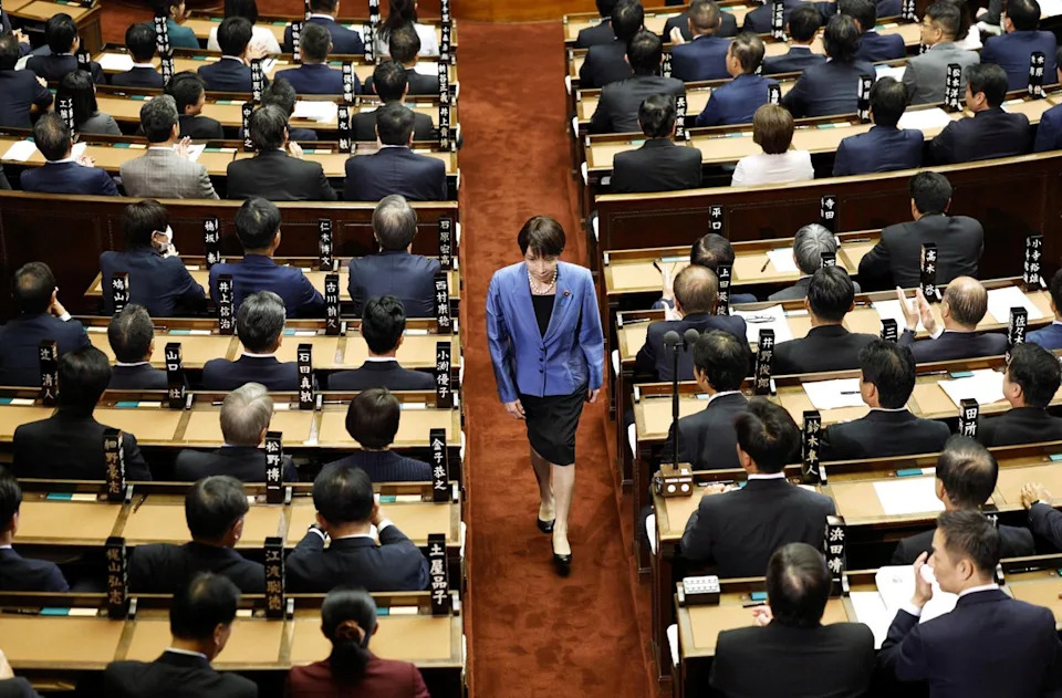 Sanae Takaichi, leader of the ruling Liberal Democratic Party, walks after casting a vote in an election to choose Japan's next prime minister at the Lower House of Parliament in Tokyo, Japan (via REUTERS)