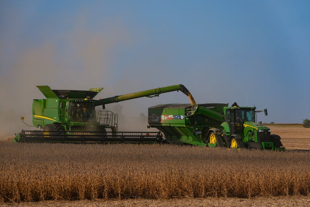 Soybeans are harvested on a farm in the US state of Indiana last month. Soybeans have become the latest flashpoint in the trade dispute between China and the US. Photo: AP